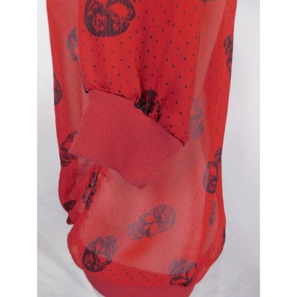 Red Semi-Sheer Skull Print Blouse Womens S Back Zipper & 3/4 Sleeves - Picture 10 of 12